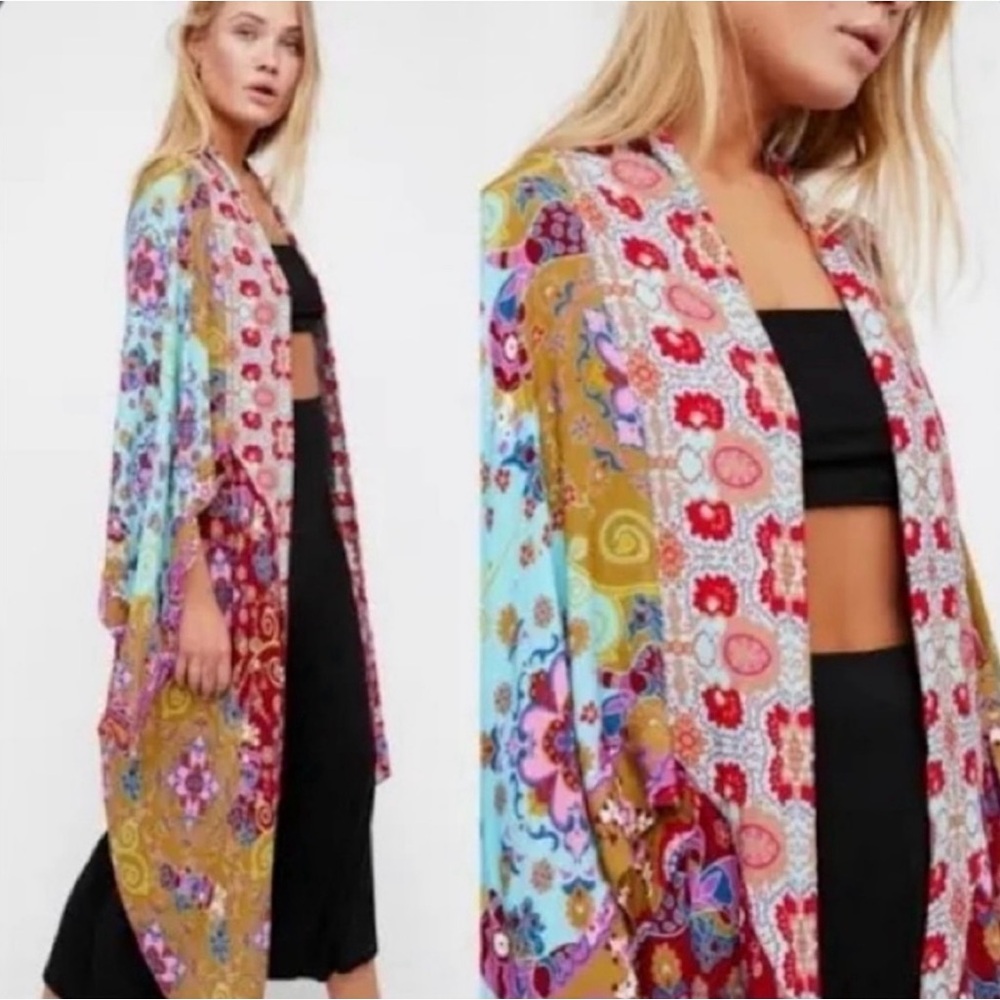 Free People Kiss the Sky kimono one size floral design turquoise